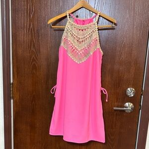 Lilly Pulitzer Pearl Romper Pink Tropics Size 6 Gold Lace Resort EUC